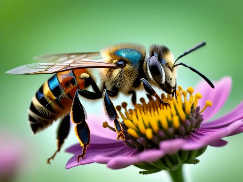 Una abeja solitaria recolectando polen de una flor magenta, en una composición poética de conciencia ambiental