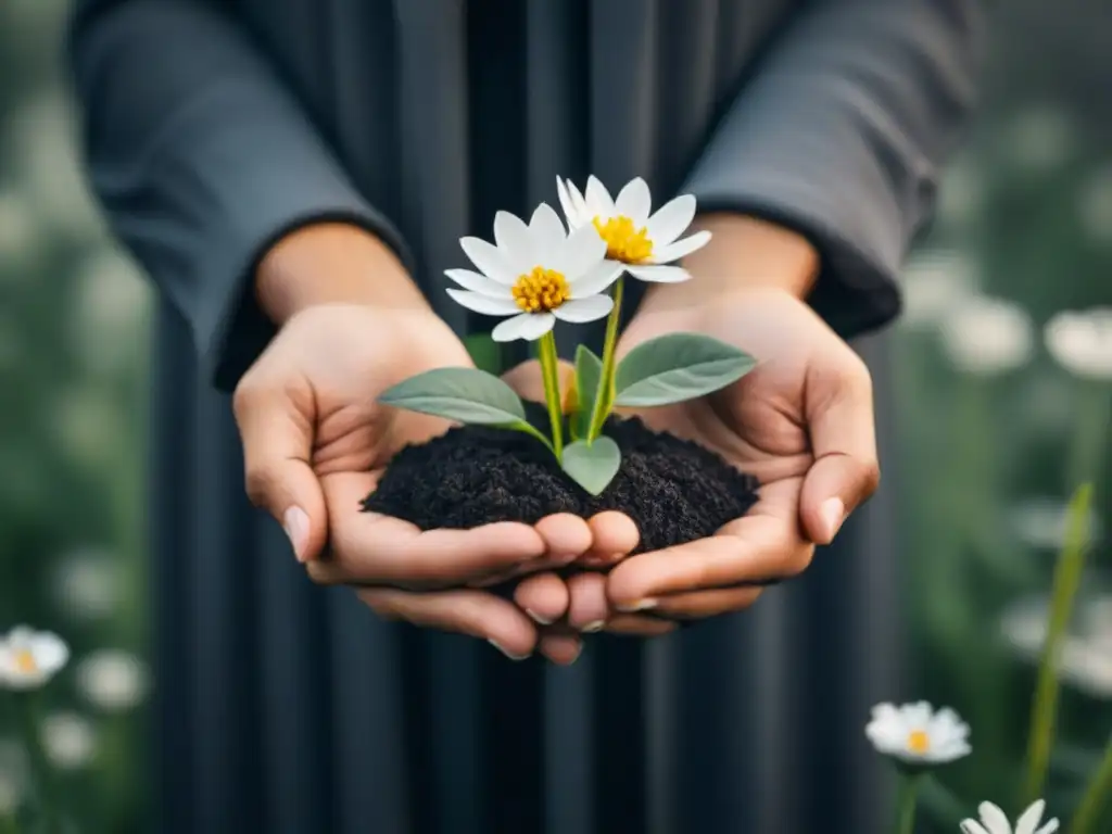 Un abrazo de manos diversas sosteniendo flores vibrantes, simbolizando la unión y diversidad en la poesía de género y diversidad