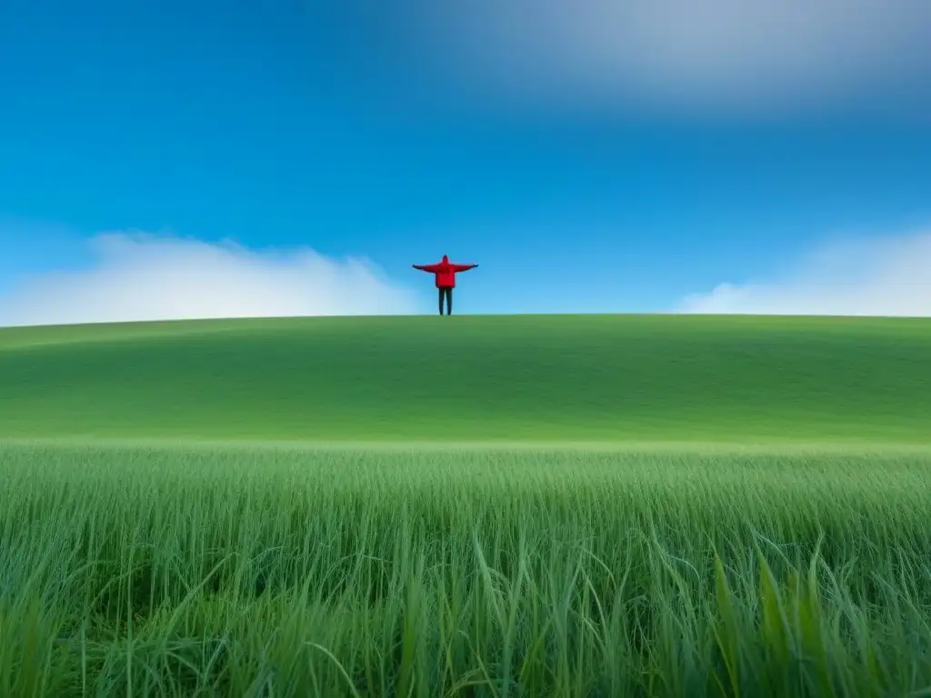 Un abrazo a la naturaleza: figura solitaria en un campo verde bajo cielo azul, reflejando los temas de autoconocimiento de 'Song of Myself' de Whitman