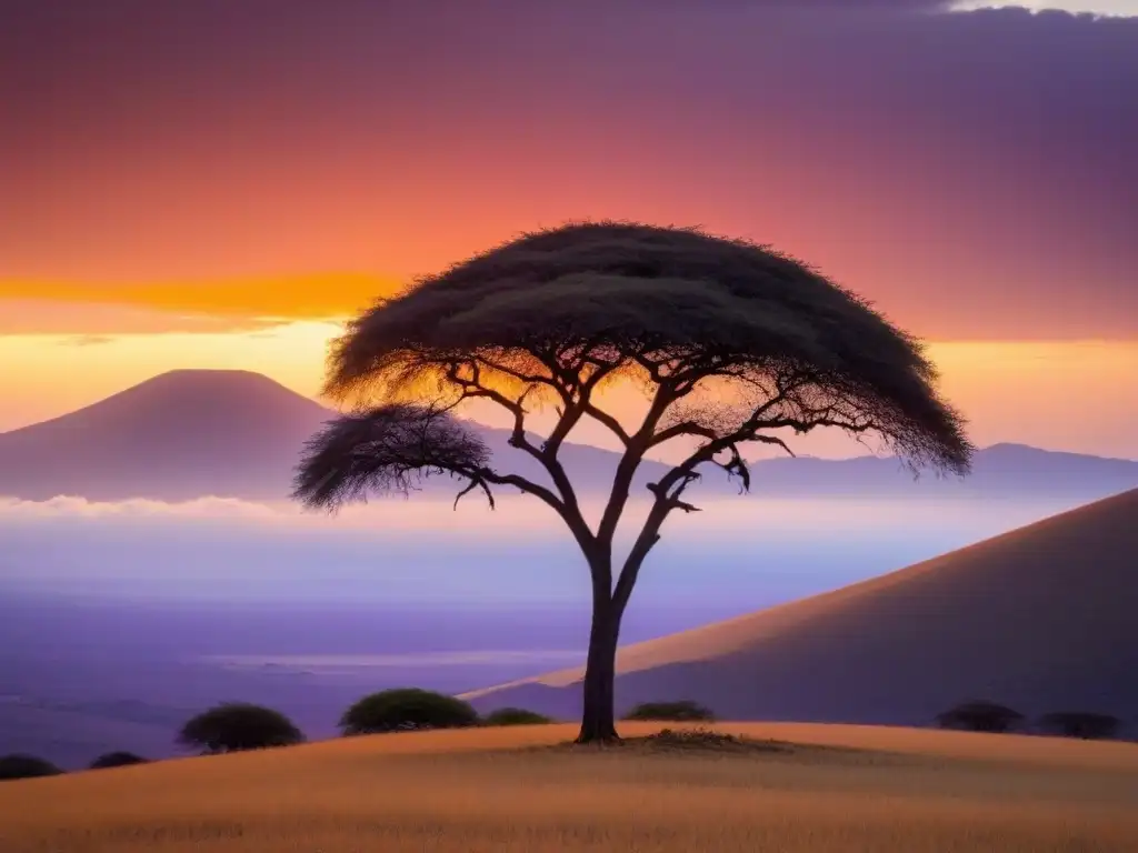 Acacia solitaria en atardecer africano vibrante, con Montañas púrpuras