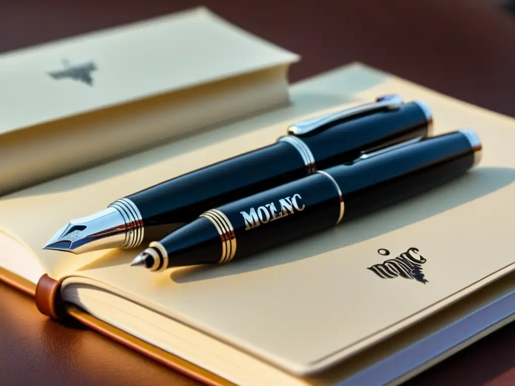 Accesorios de escritura de lujo: Imagen minimalista de una elegante pluma Montblanc sobre un lujoso cuaderno de cuero