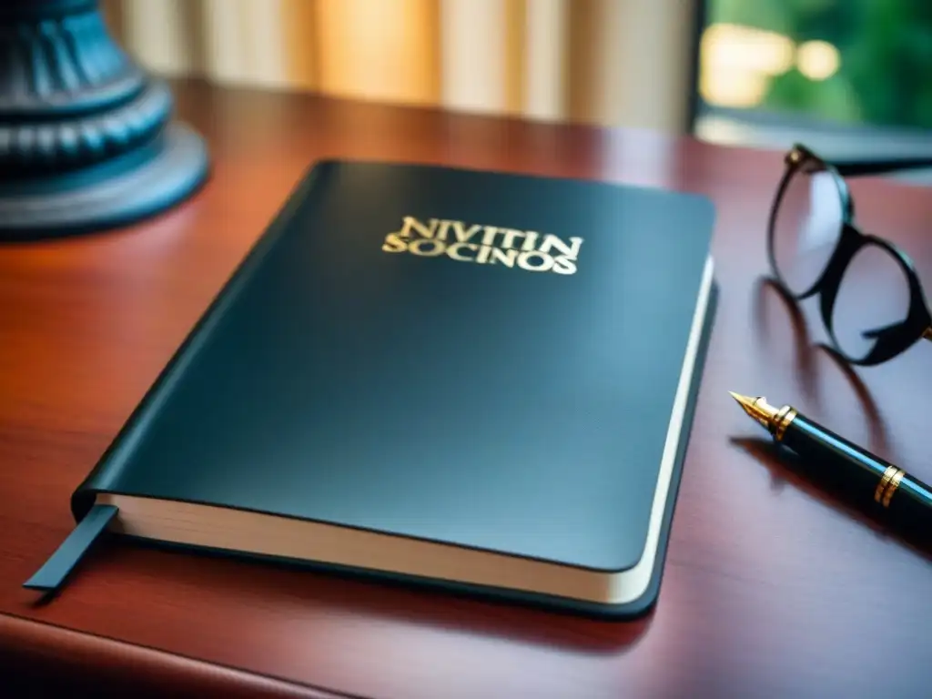 Elegante libreta de cuero negro con detalles dorados en escritorio de caoba Accesorios de lujo potencian creatividad: cuaderno negro de piel con detalles dorados, pluma y gafas elegantes en escritorio de caoba