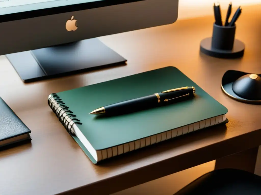 Escritorio minimalista con pluma y accesorios de lujo Accesorios de lujo potencian creatividad en elegante escritorio minimalista