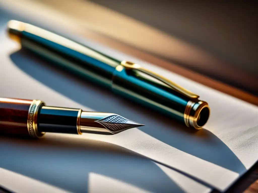 Pluma de plata sobre papel blanco: elegancia y sofisticación Accesorios de lujo potencian creatividad: pluma plateada sobre papel blanco impecable, bajo luz natural