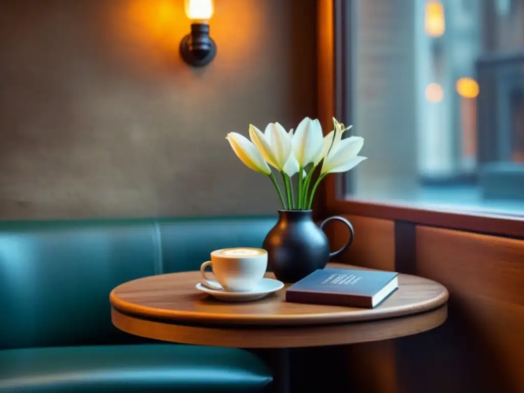 Rincón acogedor de café con libros de poesía, una taza de café humeante y un lirio blanco