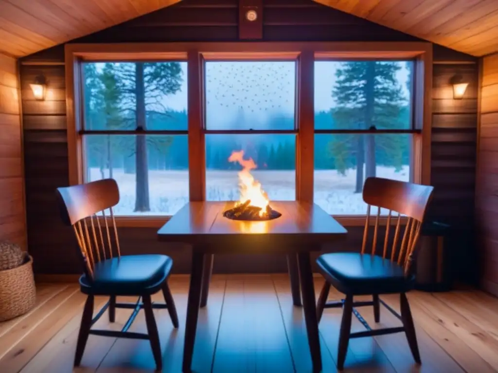 Acogedora cabaña entre pinos bajo un cielo estrellado, con una chimenea brillante y sillas con cuadernos y plumas