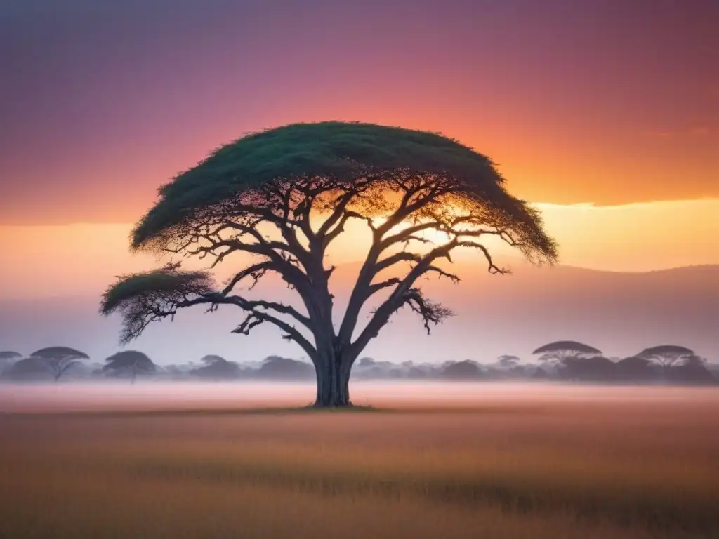 Poesía africana contemporánea: Amanecer sereno en la sabana africana con árbol solitario y cielo anaranjado