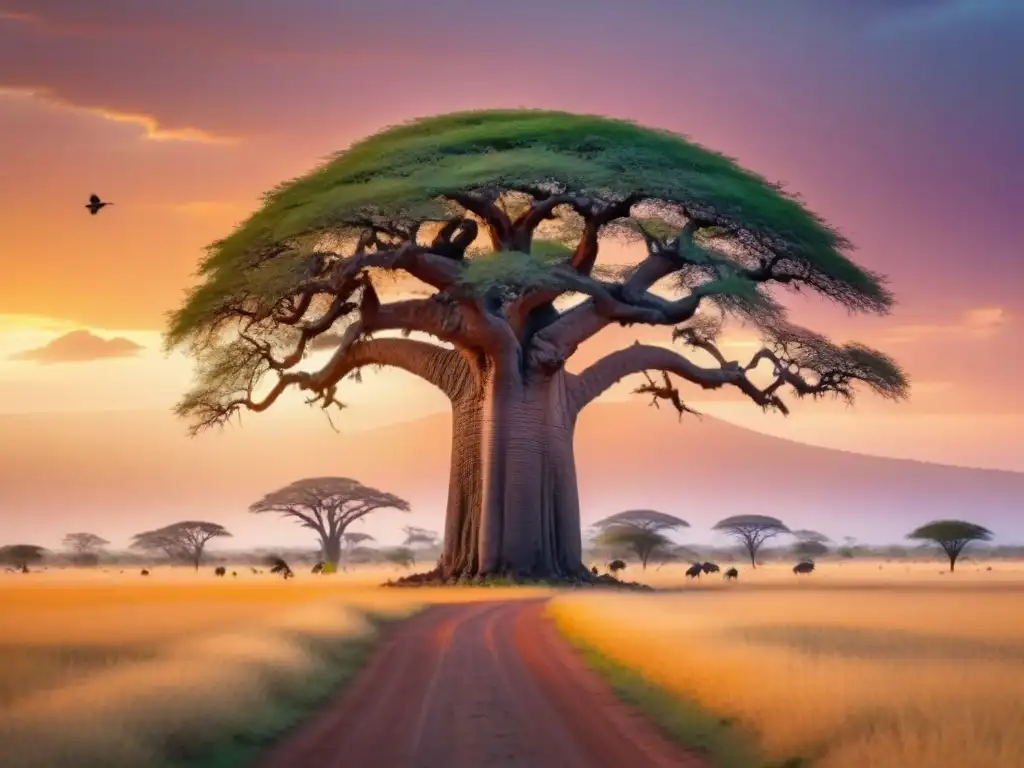 Poesía africana contemporánea: majestuoso baobab al atardecer con aves coloridas