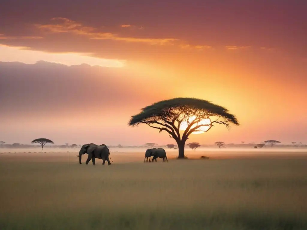 Poesía africana contemporánea naturaleza poetas: Serenidad en la sabana africana al atardecer, con una acacia solitaria y elefantes al fondo