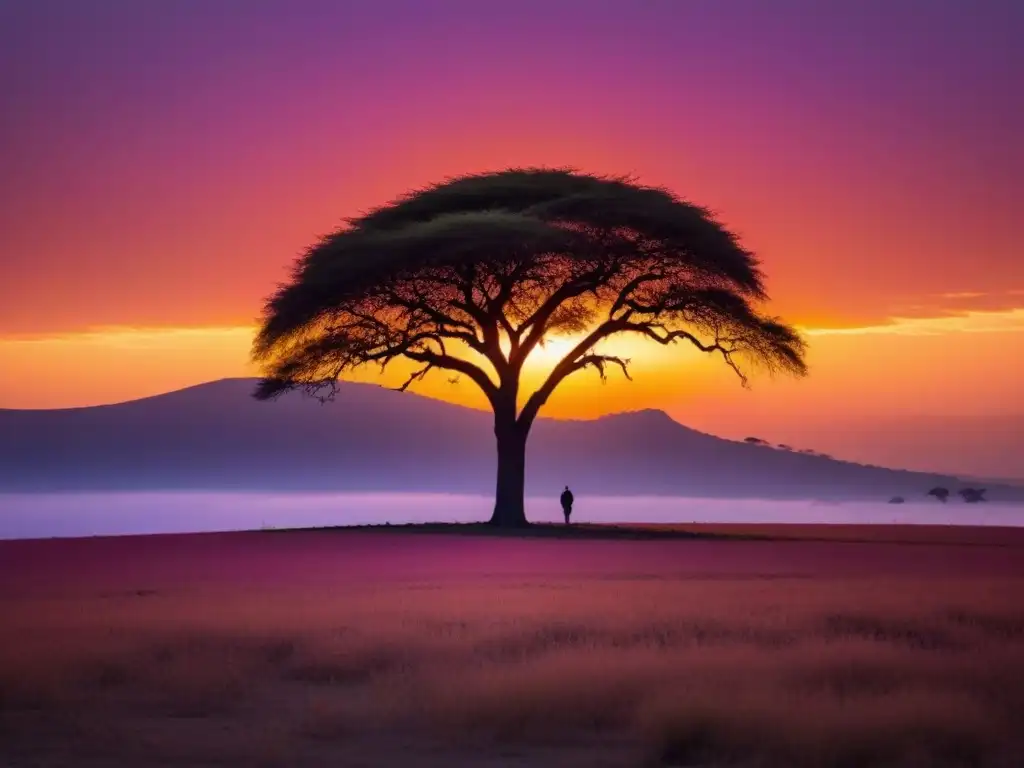 Poesía africana realidades sociopolíticas: Acacia solitaria en atardecer africano, sombra larga en la sabana