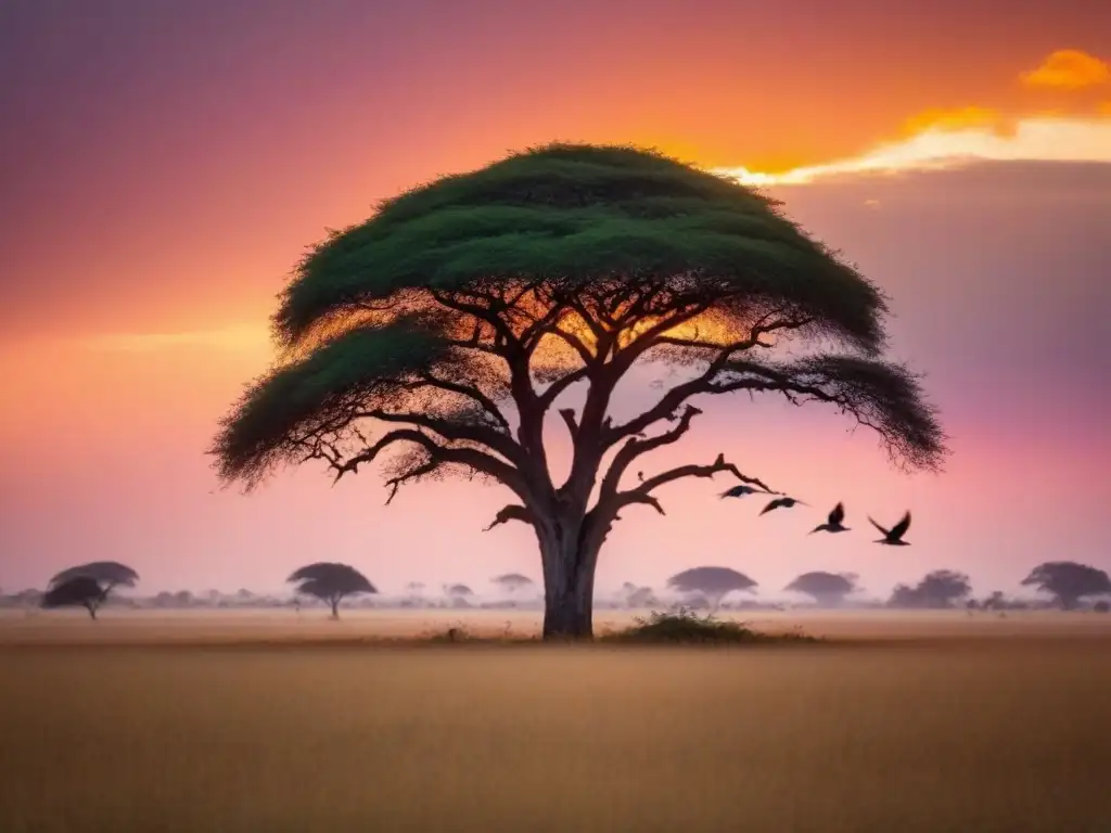 Poesía africana realidades sociopolíticas: Árbol solitario en la sabana al atardecer con aves volando en el cielo colorido