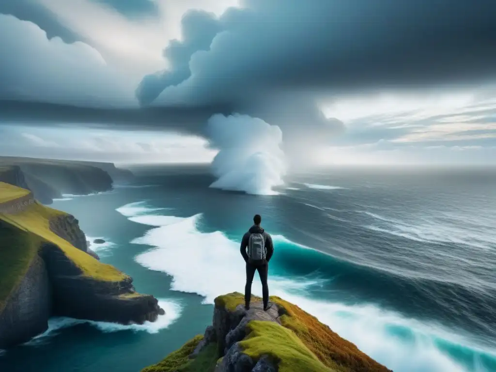 Un alma en la cima, mirando al mar agitado bajo un cielo dramático