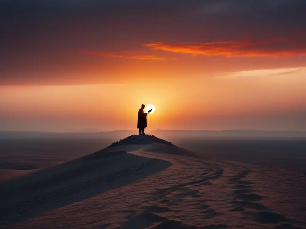 Un alma desafiante en un paisaje árido al atardecer, con libro y pluma, simbolizando el poder transformador de la poesía