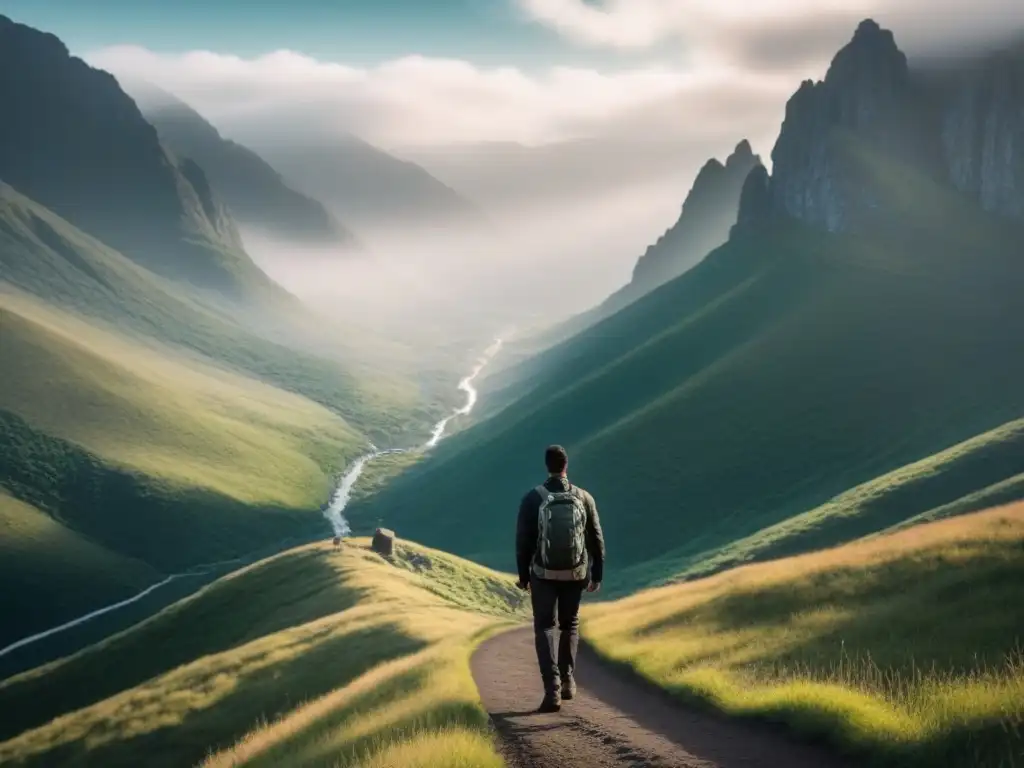 Un alma inquieta recorre un sendero montañoso con libros, evocando la poesía social y realista de Pablo Neruda