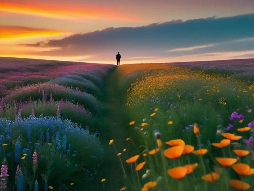 Un alma poética contempla un campo de flores al atardecer