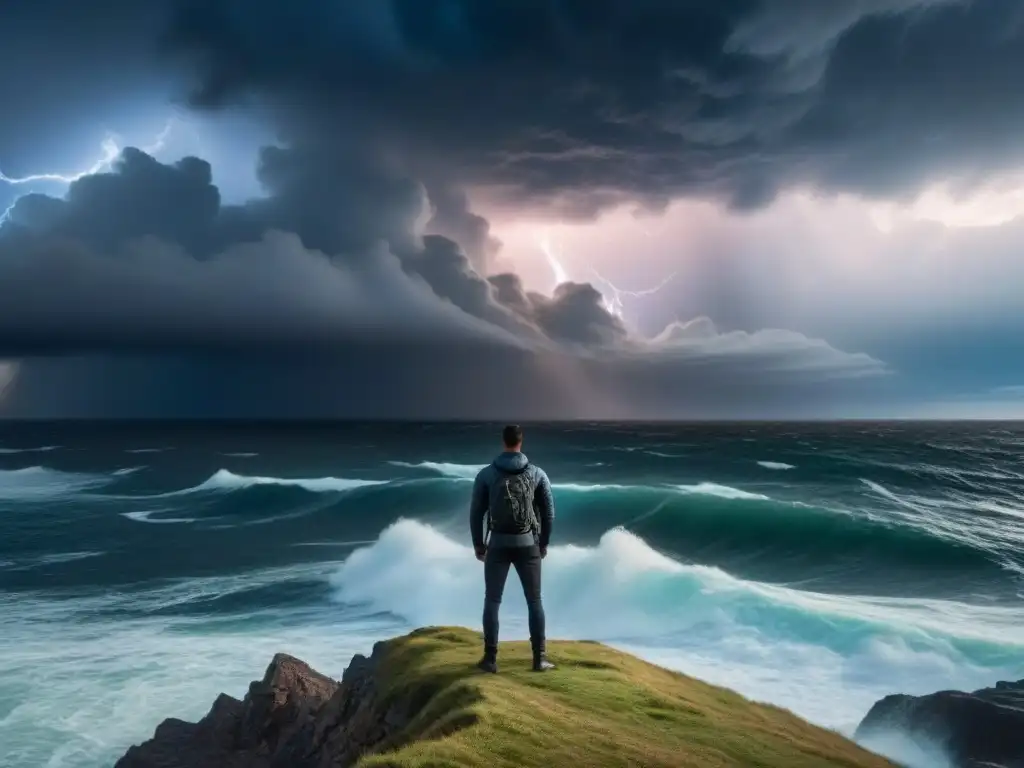 Un alma solitaria en un acantilado enfrentando el mar turbulento bajo un cielo tormentoso