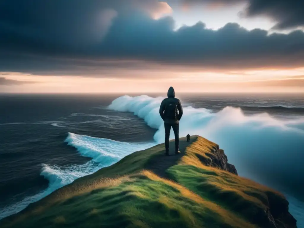 Un alma solitaria en el acantilado, contemplando el vasto y turbulento océano bajo un cielo dramático