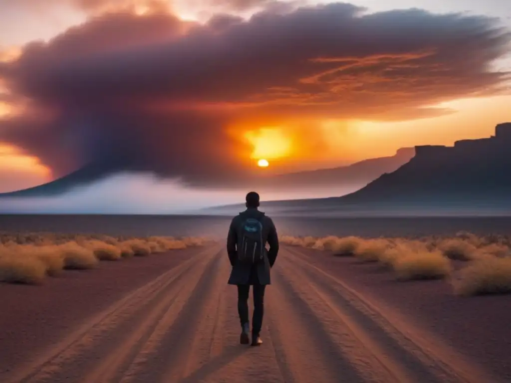 Un alma solitaria ante un atardecer ardiente, transformando dolor social en poesía