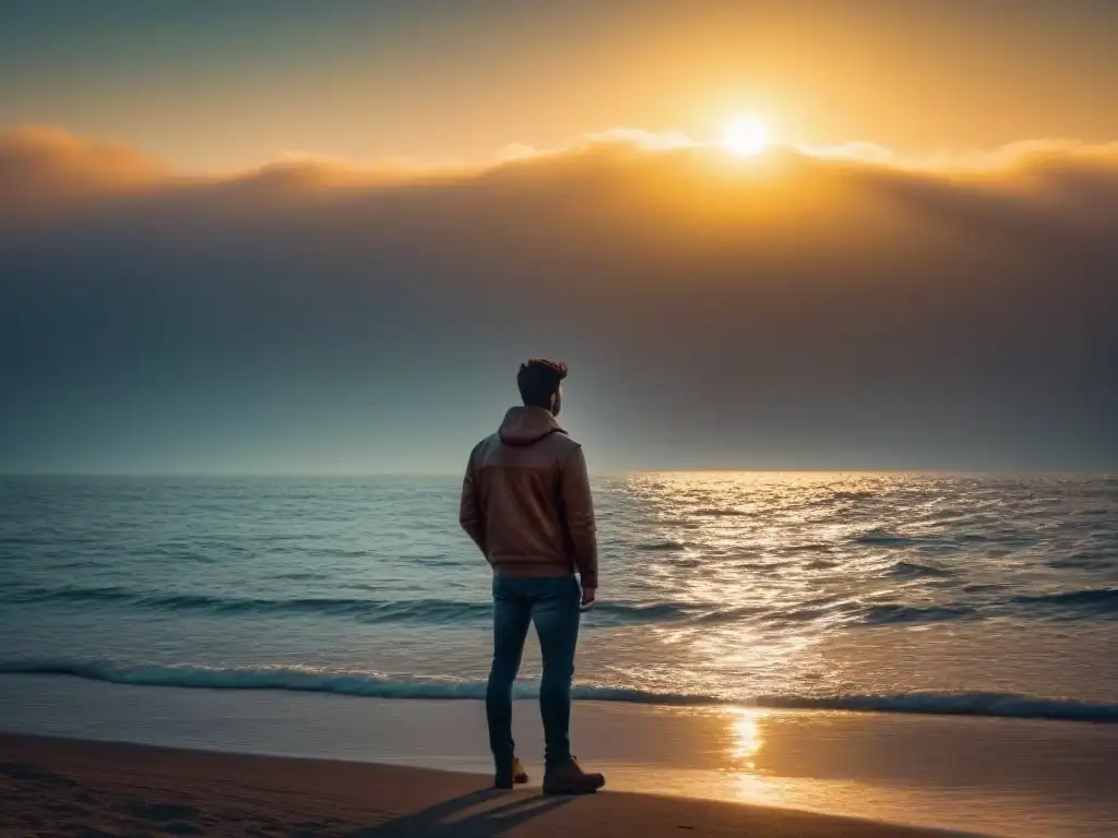 Un alma solitaria reflexiona en el borde del vasto mar al atardecer, simbolizando la búsqueda de identidad personal en poesía