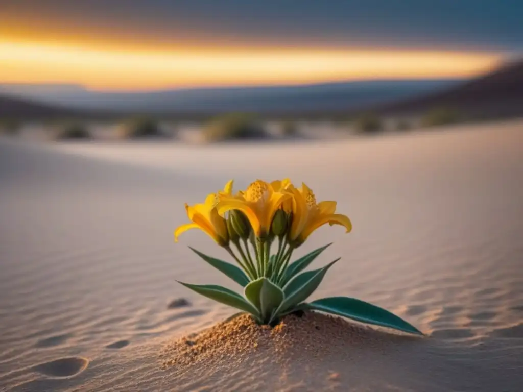 Un alma solitaria en un desierto vacío, con un rayo dorado iluminando una flor frágil a sus pies