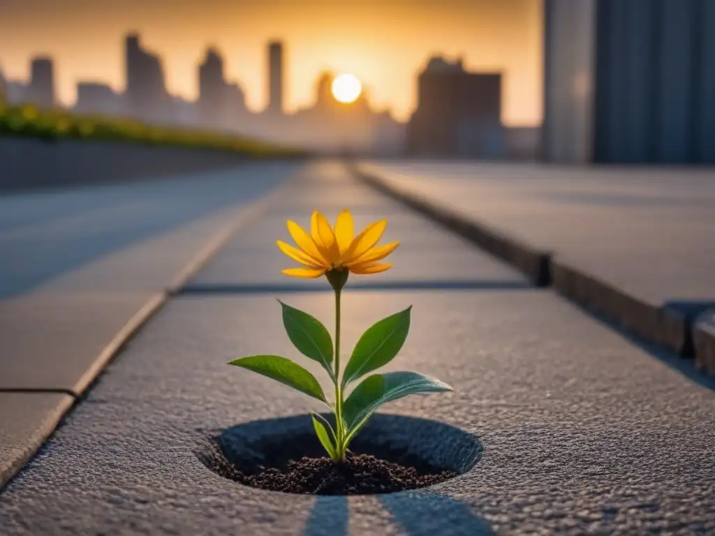 Un alma solitaria busca una flor entre el concreto