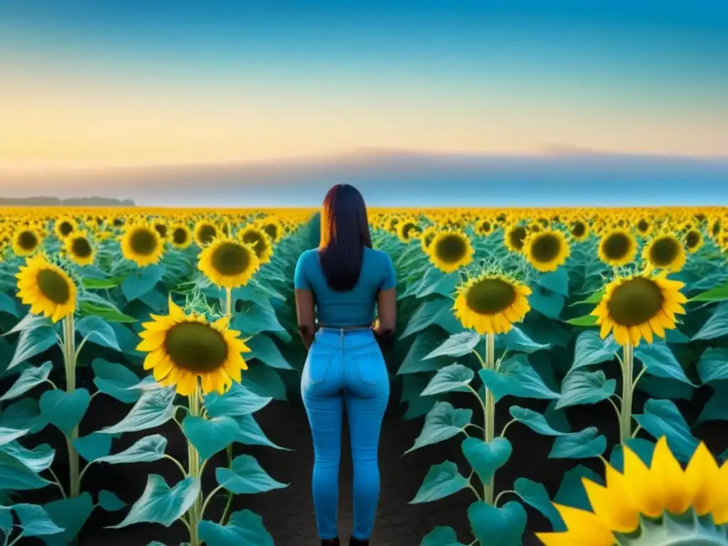 Un alma solitaria entre girasoles, mirando al sol