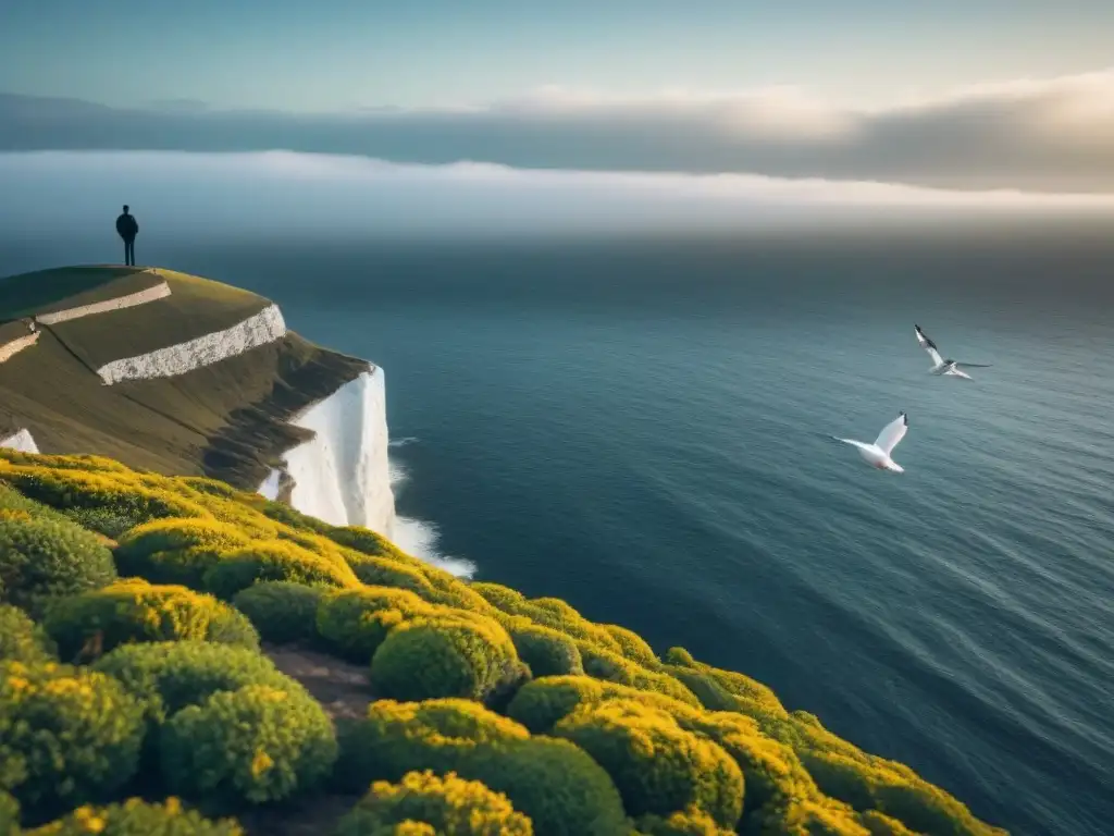 Un alma solitaria contemplando el horizonte, con una gaviota en vuelo