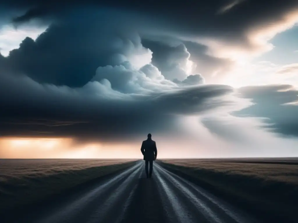 Un alma solitaria contempla el horizonte en un vasto páramo bajo un cielo tormentoso