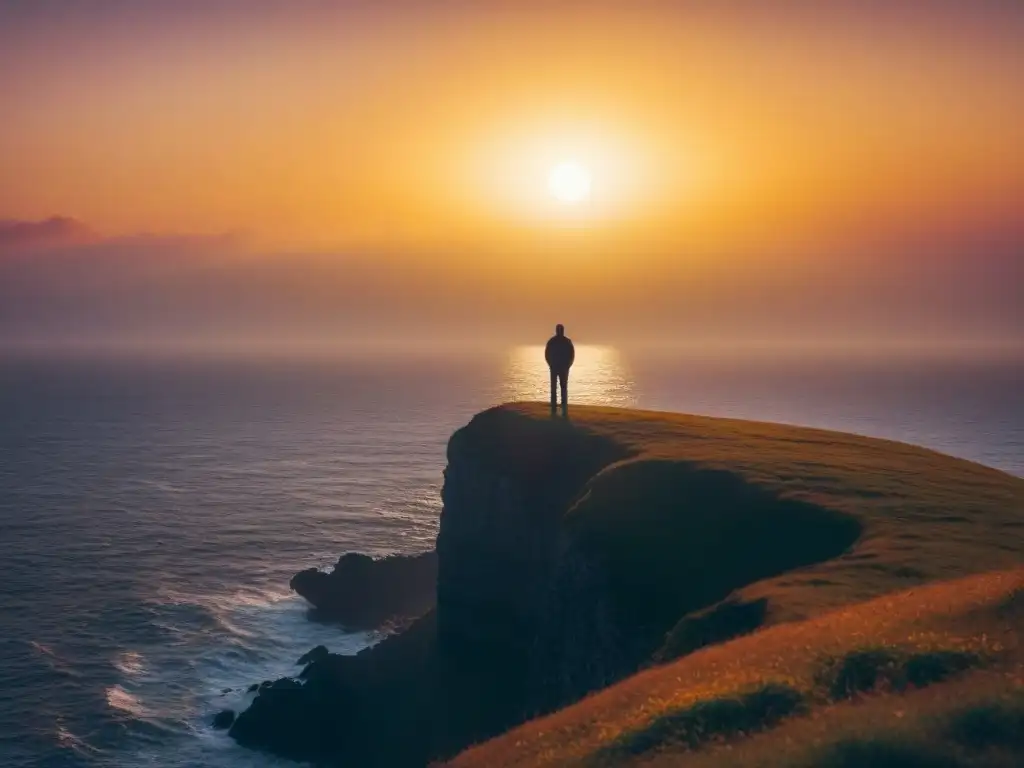 Un alma solitaria contemplando el océano al atardecer