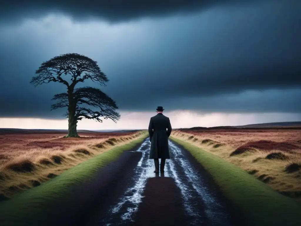 Un alma solitaria en páramo desolado bajo nubes de tormenta y árboles retorcidos, evocando la poesía y tragedia de Thomas Hardy