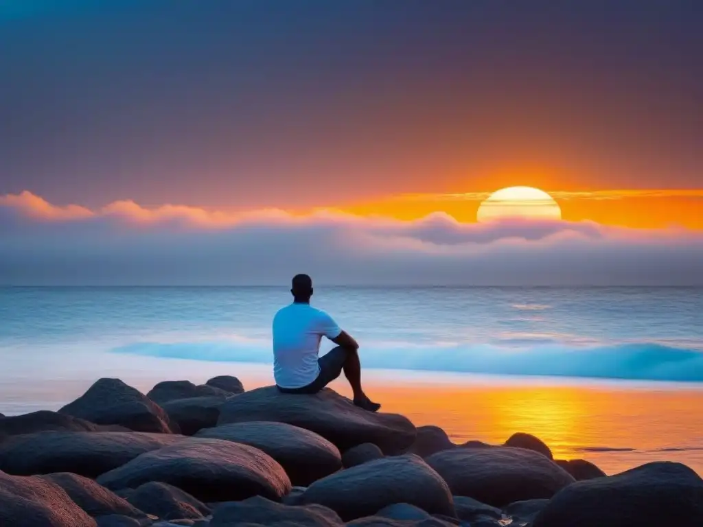 Un alma transformada por la poesía contempla el atardecer en un acantilado rocoso junto al vasto océano