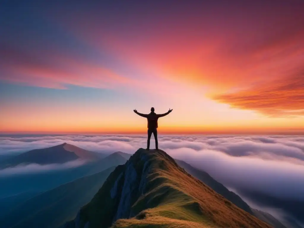 Un alma en poesía transformadora del alma, contempla la puesta de sol en la cima de una montaña