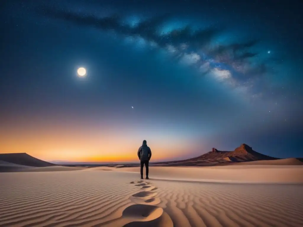 Un alma en la vastedad del desierto bajo un cielo estrellado, iluminada por la luna