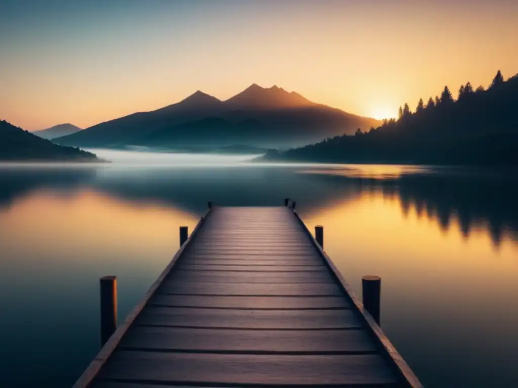 Un amanecer dorado sobre un lago tranquilo, con montañas al fondo y aves en el cielo