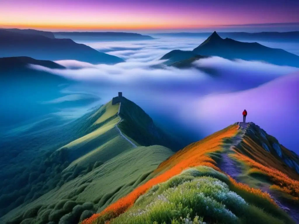 Un amanecer épico en la cima de una montaña, con un personaje solitario contemplando el paisaje