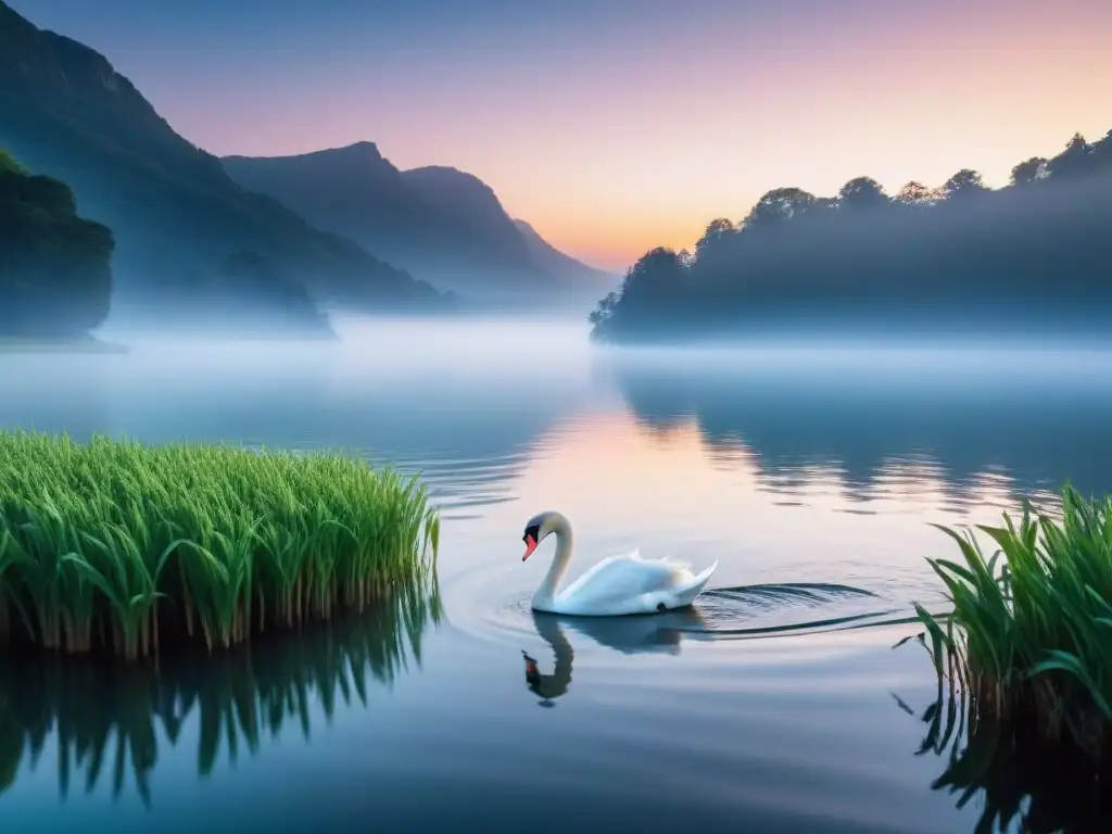 Un amanecer evocador: lago sereno, cisne elegante y naturaleza exuberante