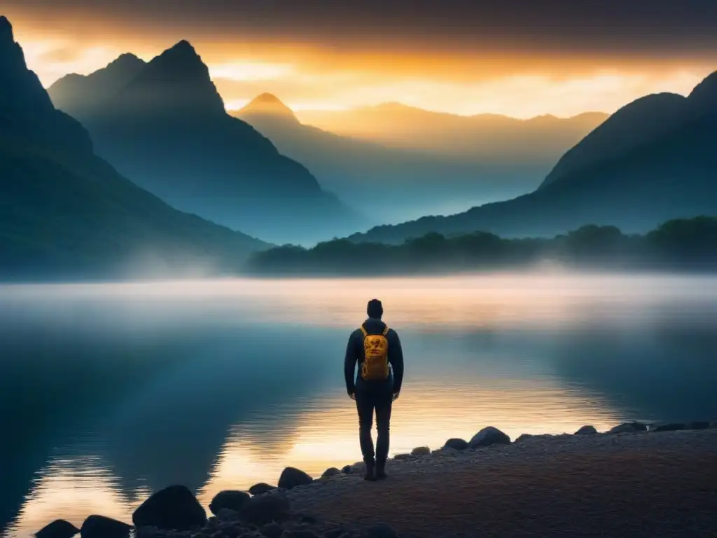 Un amanecer místico en la orilla de un lago, rodeado de montañas neblinosas