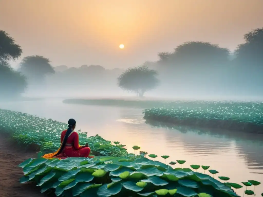 Un amanecer místico, figura solitaria en contemplación junto al río, reflejos del sol