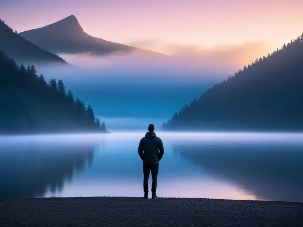 Un amanecer neblinoso en un lago sereno, donde una figura contemplativa se conecta con la naturaleza, evocando el poder transformador de la poesía