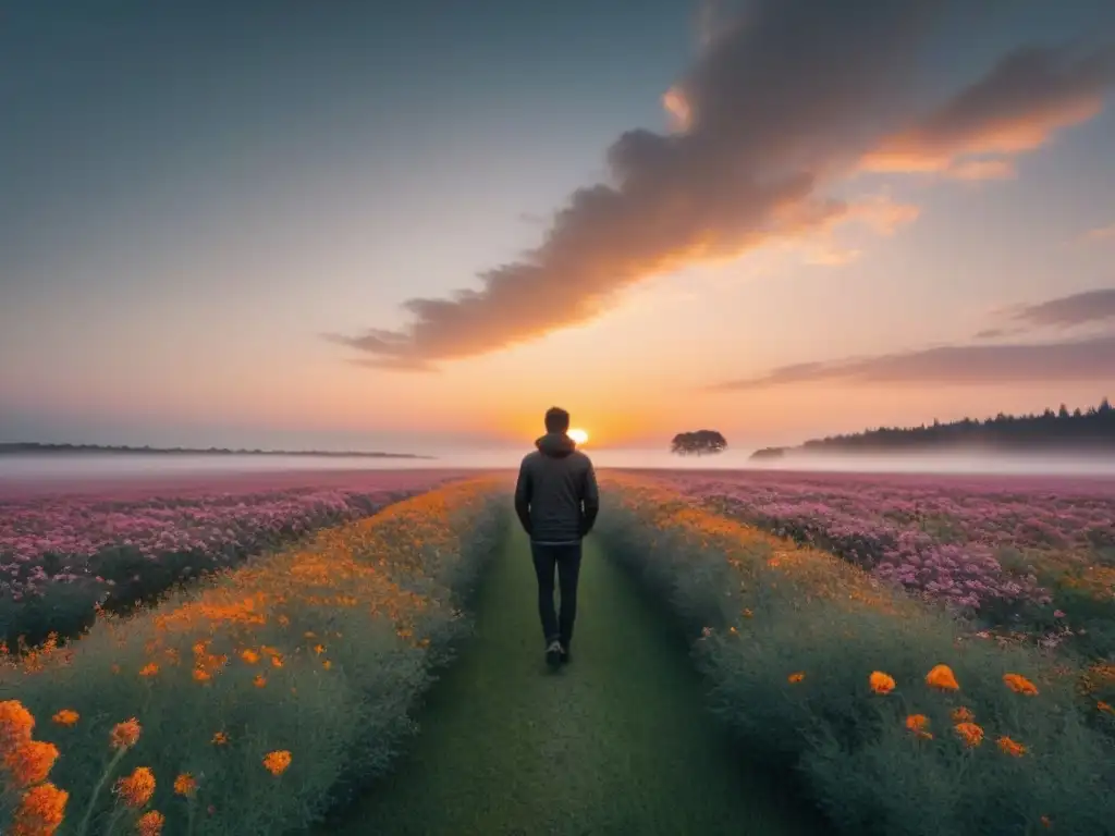 Un amanecer poético en blanco y negro, donde una figura solitaria contempla el horizonte entre flores silvestres