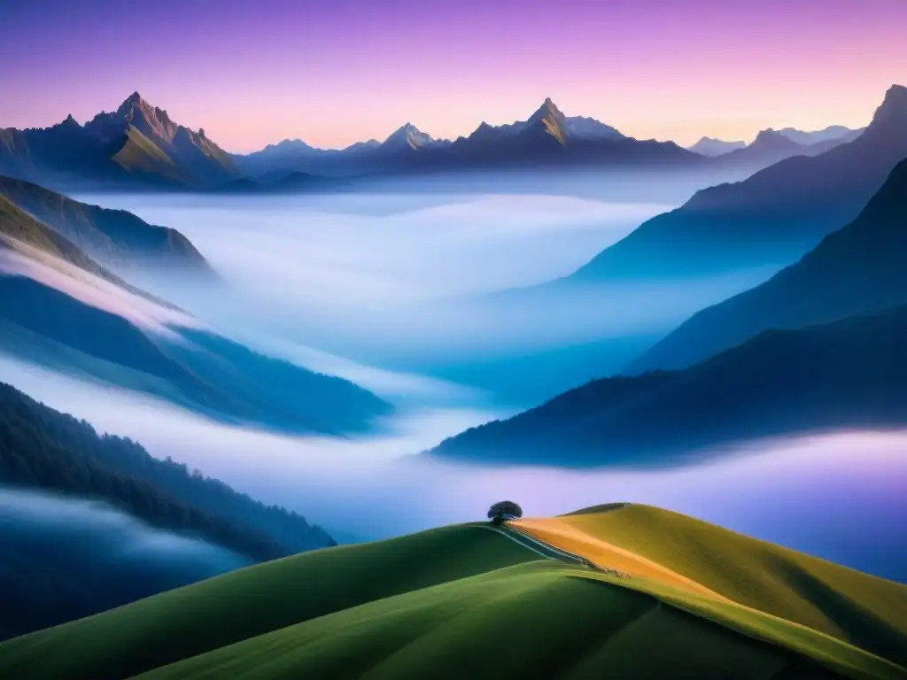 Un amanecer poético en la majestuosa cordillera, con tonos pastel y neblina, invita a la reflexión