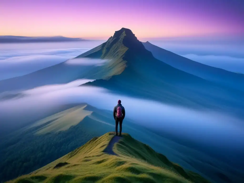 Un amanecer poético en una montaña embrujada, con un ser solitario en contemplación bajo el cielo rosado y morado