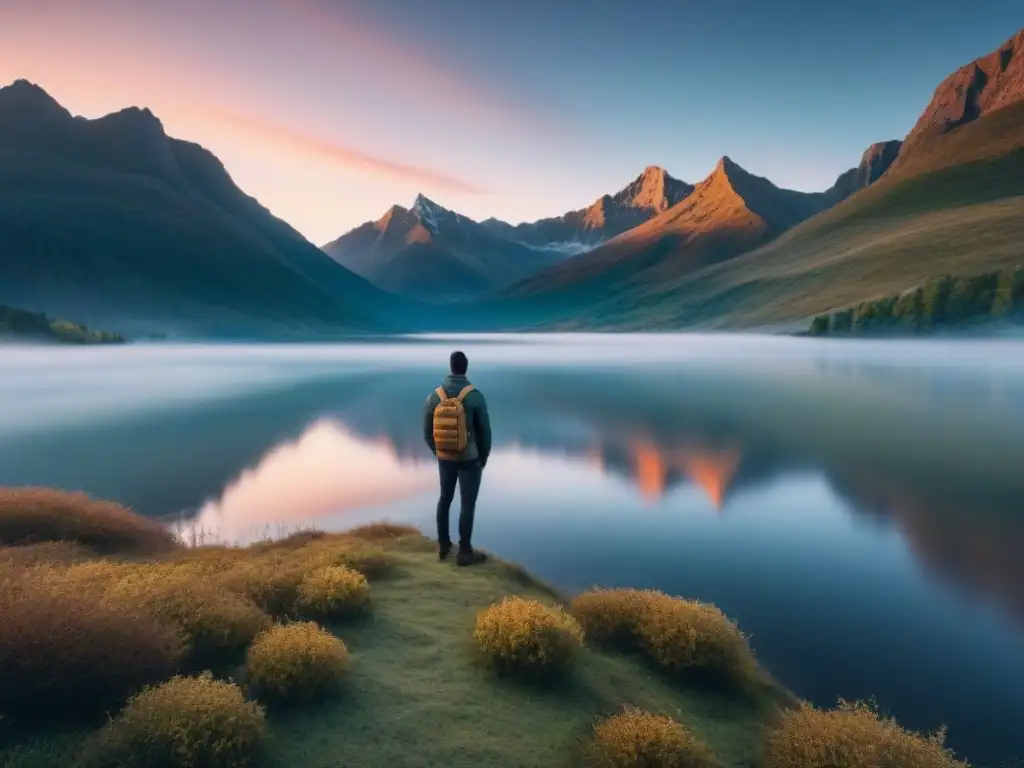 Un amanecer poético y transformador: un lago sereno refleja los tonos suaves del amanecer, rodeado de majestuosas montañas