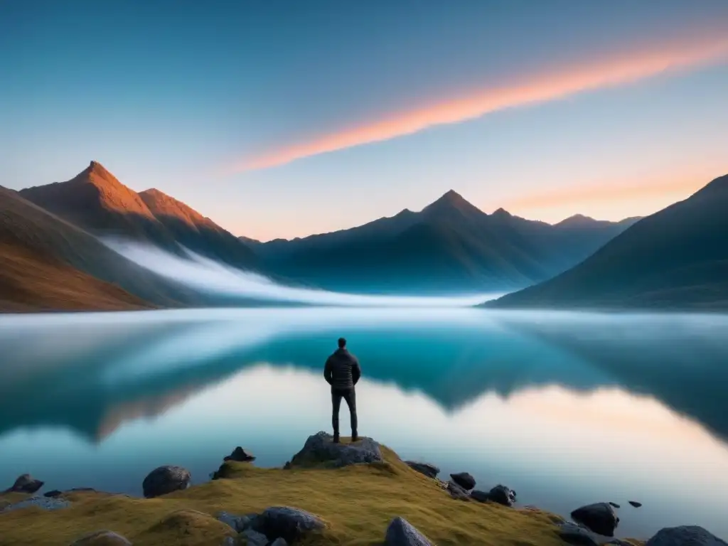 Un amanecer poético transformador en un lago sereno con montañas cubiertas de niebla