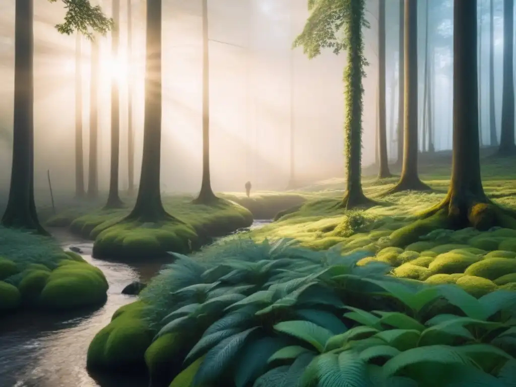 Un amanecer sereno en el bosque: la luz dorada del sol entre los árboles, aves posadas y un arroyo