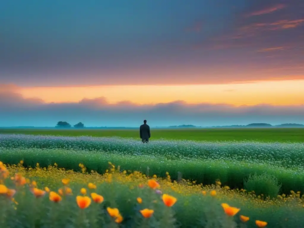 Un amanecer sereno en un campo infinito, con flores silvestres y una figura solitaria que invita a la reflexión