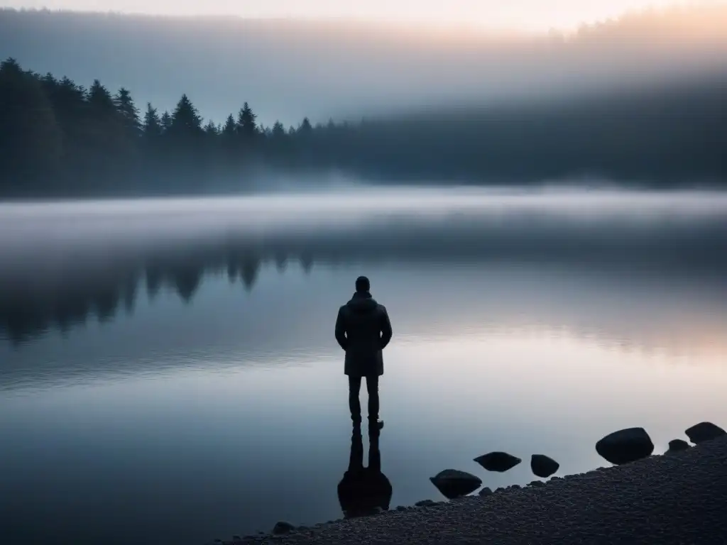 Un amanecer sereno en un lago, con figura solitaria reflejada en el agua, invita a la contemplación