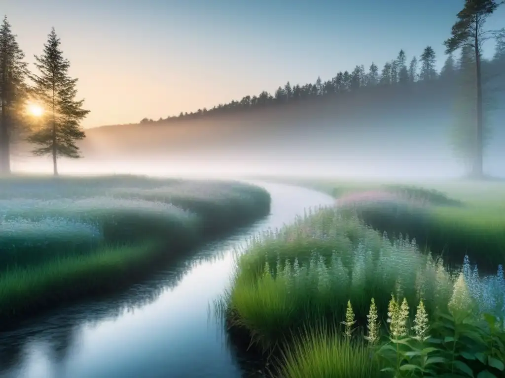 Un amanecer sereno en un prado con flores silvestres, río y árboles altos