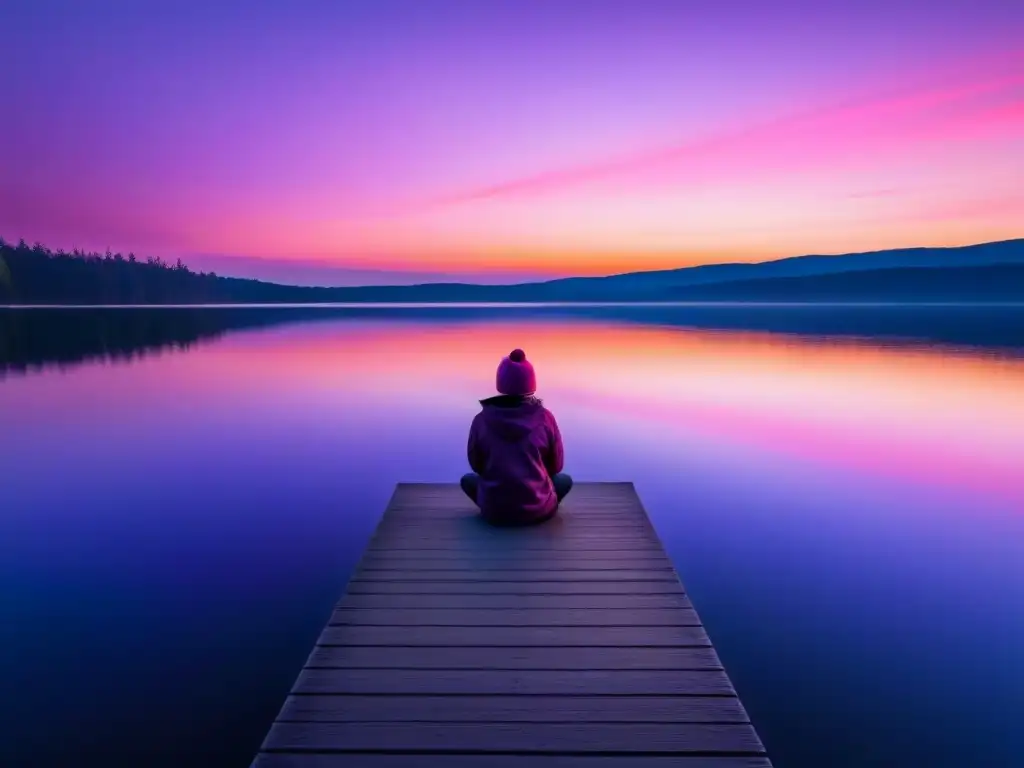 Un amanecer vibrante sobre un lago sereno, con tonos suaves de rosa, naranja y morado reflejados en el agua