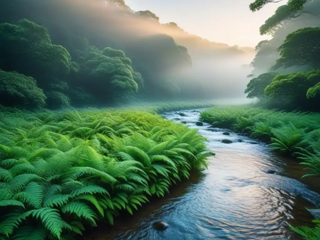 Poesía indígena y conservación ambiental: Escena detallada de un exuberante bosque al amanecer, iluminado por los rayos dorados del sol